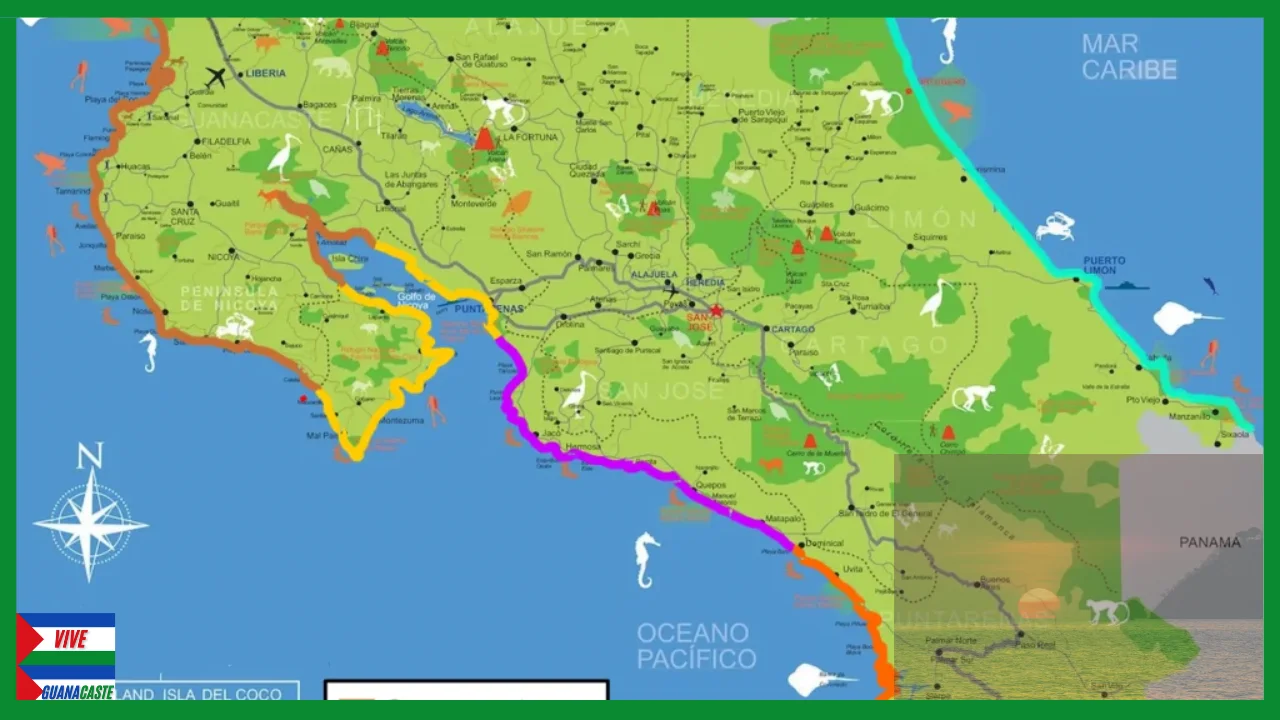 Mapa de Guanacaste mostrando su costa en el Océano Pacífico con las principales playas y bahías